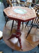 A SWISS FRUITWOOD OCTAGONAL TRIPOD TABLE, THE CARVED TOP WITH A BAND OF OVALS PAINTED WITH LADIES