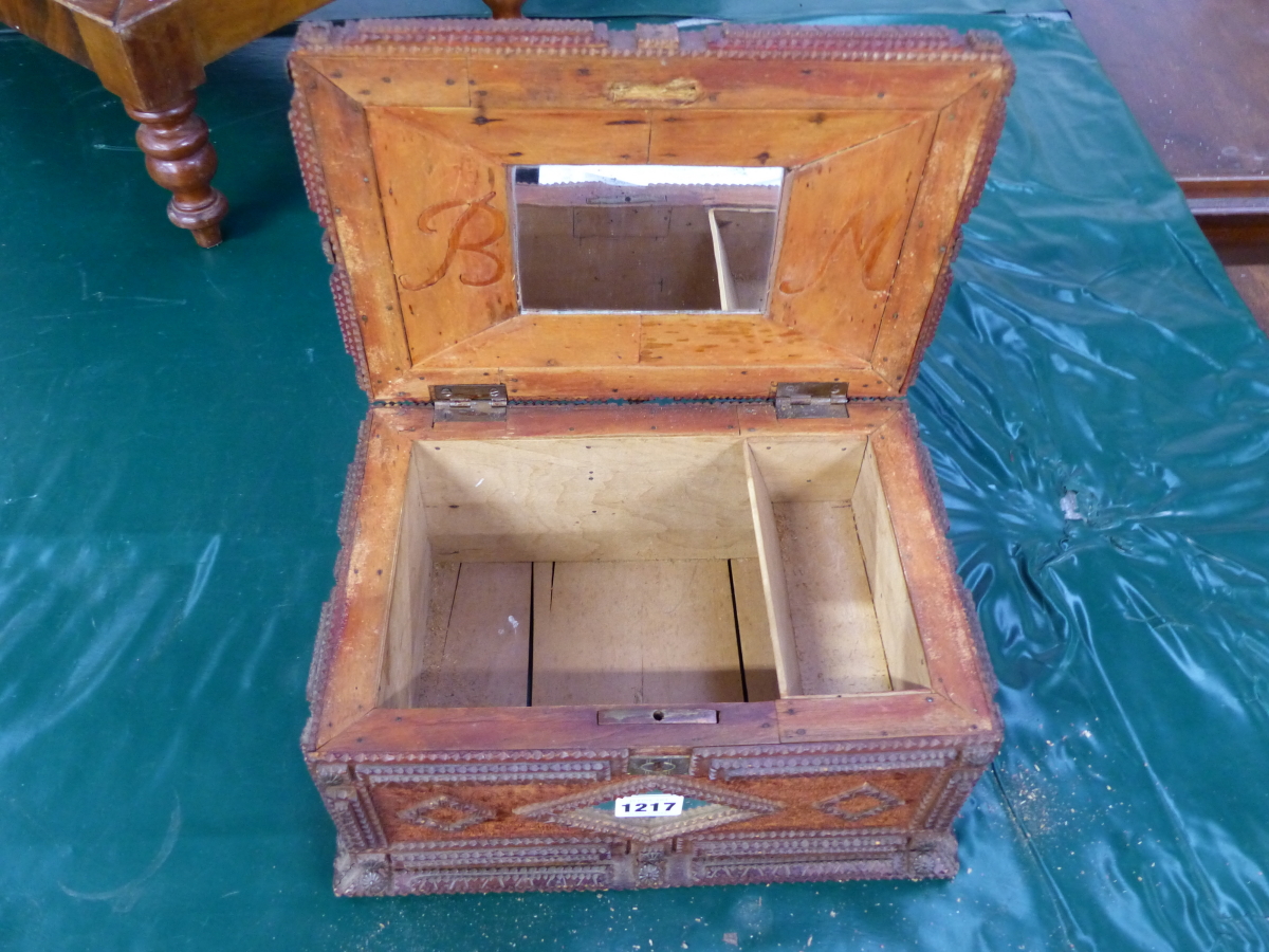 A TRAMP ART CASKET, THE CHIP CARVED WOOD WORK EDGING BROWN VELVET, THE FRONT AND BACK WITH CENTRAL - Image 23 of 24