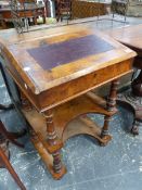 A WALNUT DAVENPORT, WITH RED LEATHER INSET SLOPING LID ABOVE TWO INCURVED RECTANGULAR SHELVES