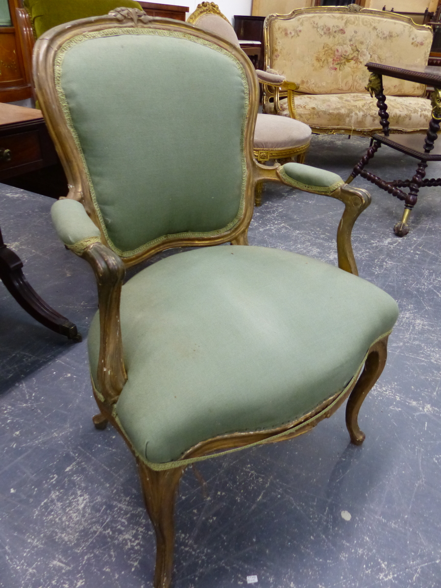 TWO SIMILAR LOUIS XV STYLE, PAINTED SHOW FRAME SALON ARMCHAIRS ON CABRIOLE LEGS. (2) - Image 7 of 10