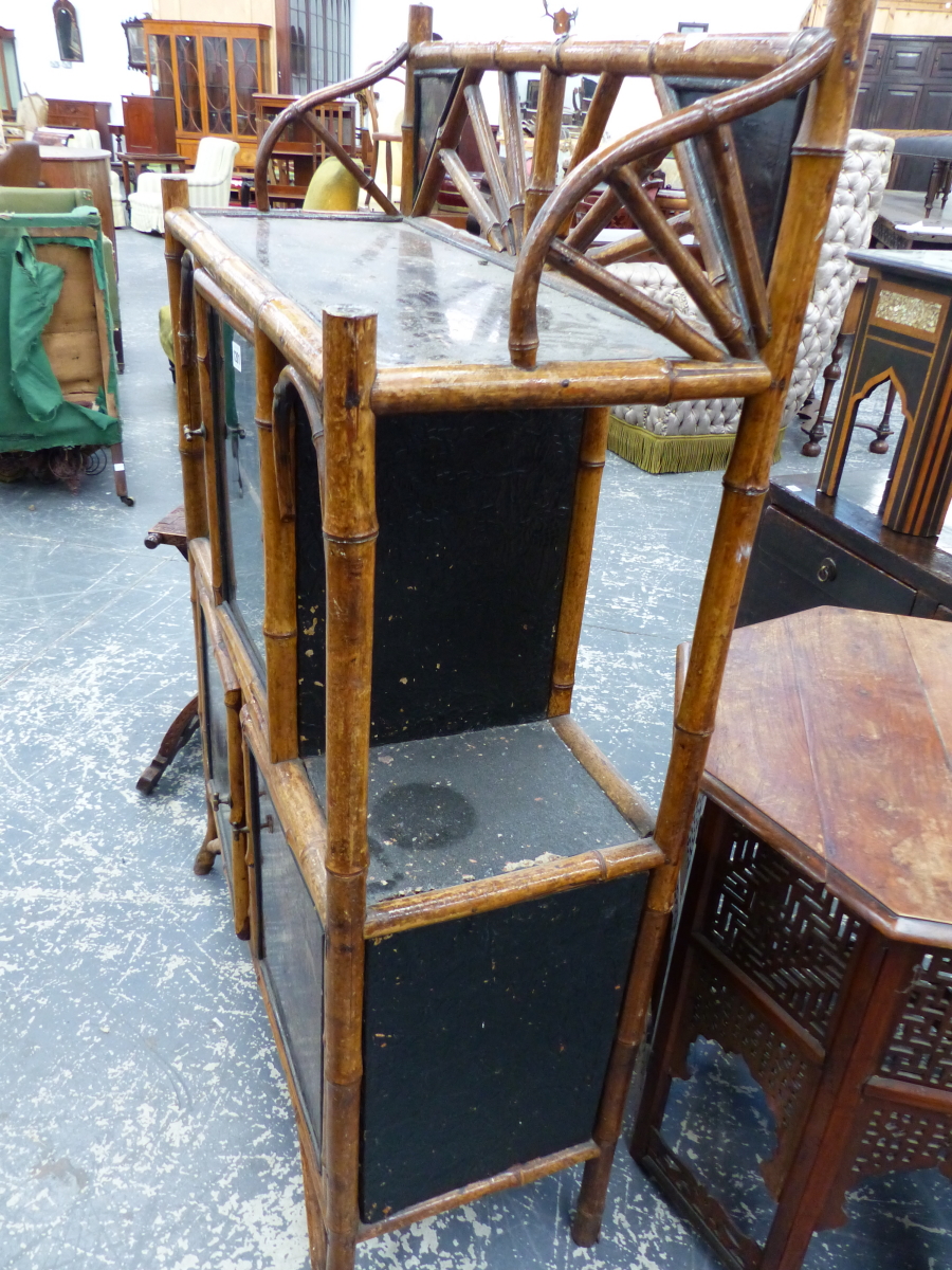 A VICTORIAN BAMBOO SIDE CABINET WITH SINGLE GLAZED DOOR OVER LACQUER PANEL DOORS. 78 x 32 x H. - Image 5 of 8