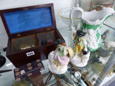 A 19th.C.MAHOGANY TEA CADDY, A BONE PART CHESS SET, A PAIR OF STAFFORDSHIRE FIGURES, ETC. (QTY)