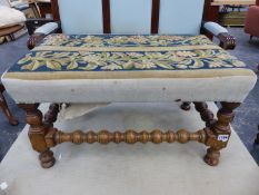 AN OAK STOOL, TAPESTRY SEAT OF FLOWERS AND OF GRAPES, BOBBIN TURNED. W 66 x D 41 x H 37cms.