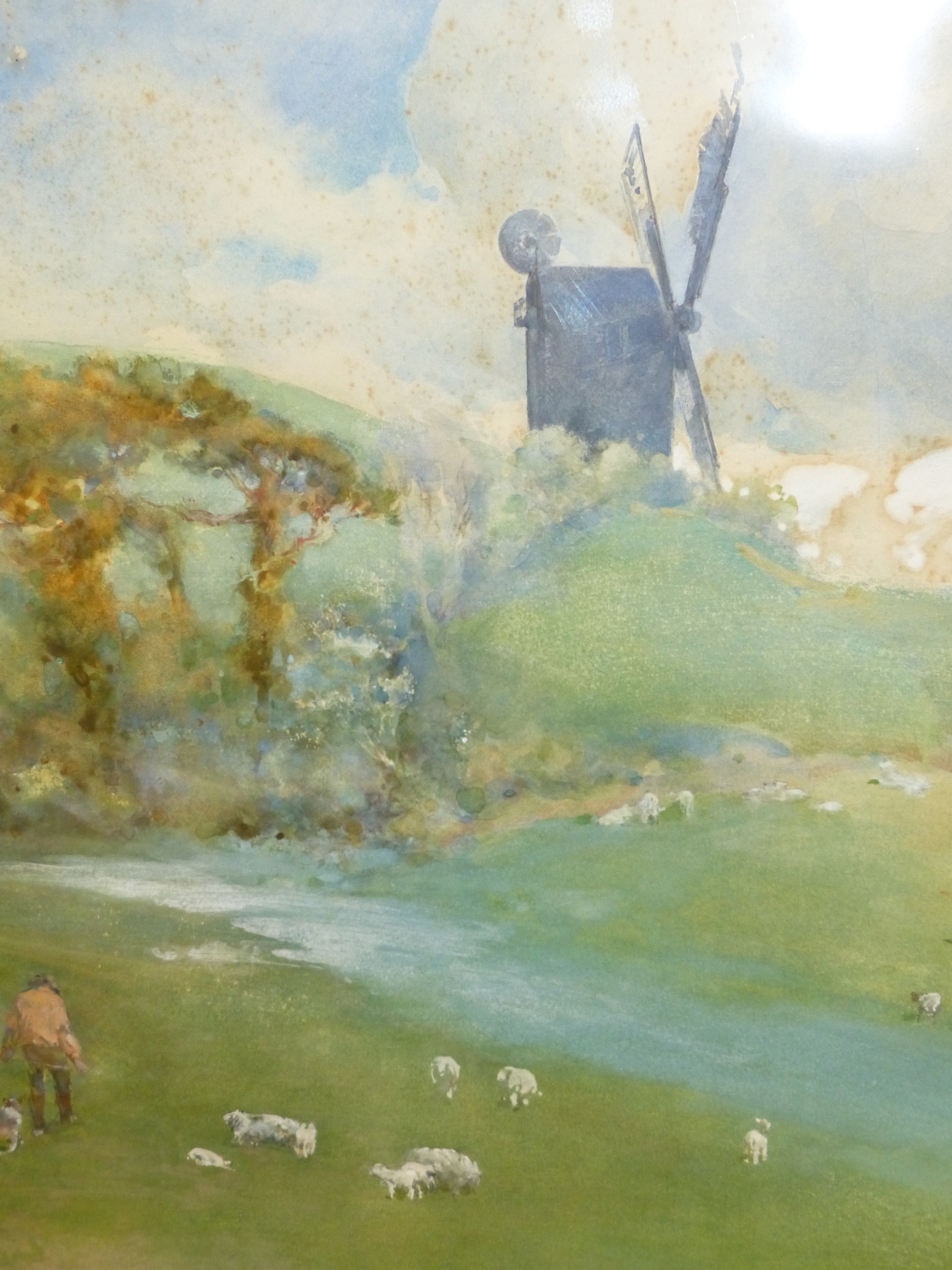 EARLY 20th.C.SCHOOL. SHEEP IN A LANDSCAPE WITH A WINDMILL, SIGNED AND INDISTINCTLY DATED 1908, - Image 3 of 5