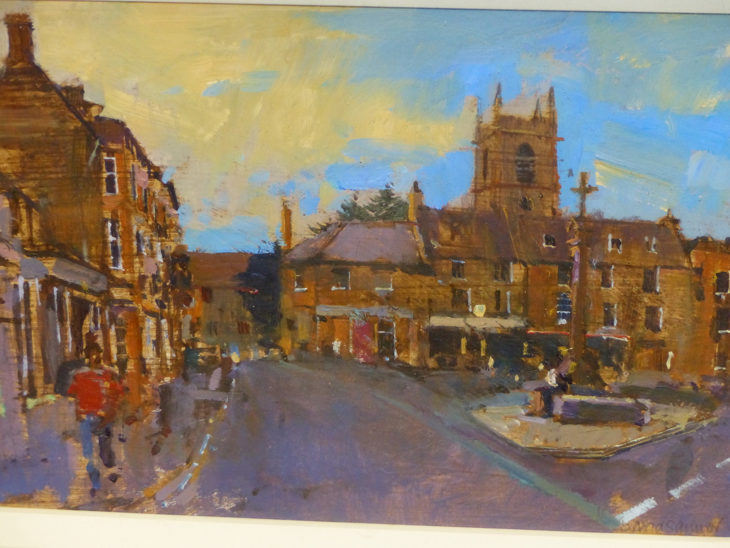 DAVID SAWYER. )1961-****) ARR. MARKET PLACE, STOW, SIGNED OIL ON BOARD. 21 x 31cms.