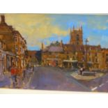 DAVID SAWYER. )1961-****) ARR. MARKET PLACE, STOW, SIGNED OIL ON BOARD. 21 x 31cms.