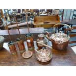 A GROUP OF VICTORIAN AND LATER COPPER AND BRASSWARES TO INCLUDE A SET OF SPIRIT MEASURES. (QTY)