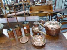 A GROUP OF VICTORIAN AND LATER COPPER AND BRASSWARES TO INCLUDE A SET OF SPIRIT MEASURES. (QTY)