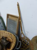 A VINTAGE ZINC TWIN HANDLED WASH TUB AND VARIOUS ITEMS TO INCLUDE FLAT IRONS, RUG BEATER, ETC.