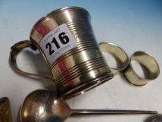 A PAIR OF KESWICK SCHOOL OF INDUSTRIAL ART SPOONS, CHESTER 1907/8, THREE TEA SPOONS, A SIFTING