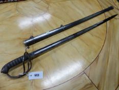 A JONES AND CO. ARGYLL AND BUTE ARTILLERY SWORD IN A POLISHED STEEL SCABBARD, OVERALL LENGTH. 99.