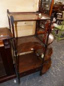 A REGENCY MAHOGANY THREE TIER WHATNOT WITH BASE DRAWER, ON TURNED LEGS AND CASTERS. 46 x 38 x H.