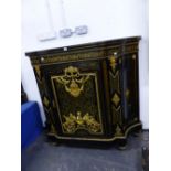 A LATE 19th.C.FRENCH EBONISED SIDE CABINET WITH ORMOLU MOUNTS AND SCROLLWORK DESIGNS. W.142 x H.