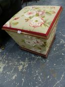 A VICTORIAN OTTOMAN STOOL WITH TAPERED SIDES ON BUN FEET TOGETHER WITH AN OCTAGONAL COAL BOX. (2)