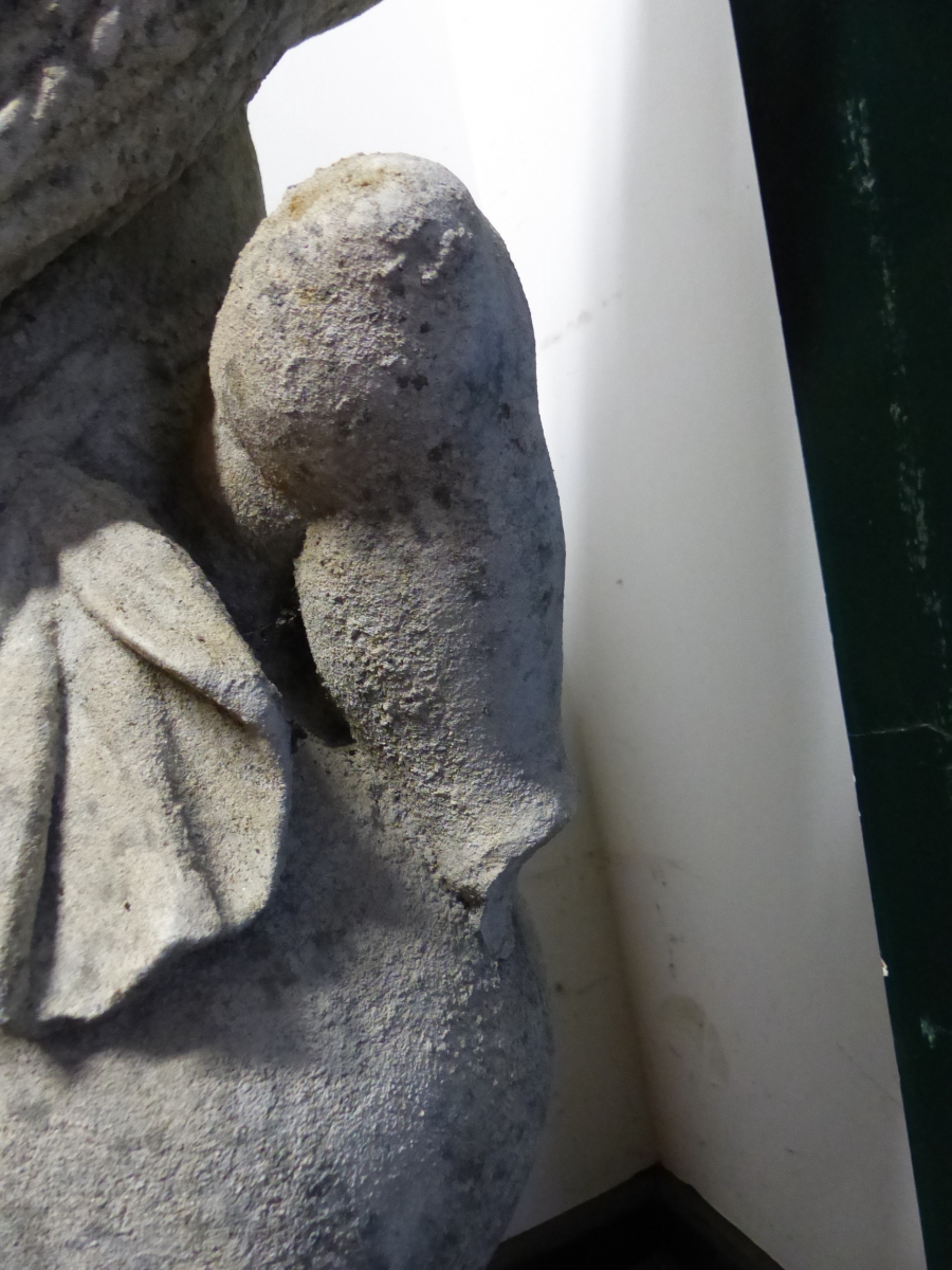 A VINTAGE WEATHERED GARDEN FIGURE OF PUTTI WITH WHEATSHEAF ATOP A SPHERE ON A PLINTH BASE. H. - Image 15 of 16