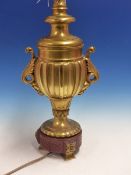 A FRENCH GILT BRONZE LAMP BASE OF BALUSTER SHAPE, THE FLUTED BODY WITH LEAF HANDLES AND THE RED