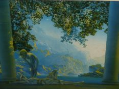 A VINTAGE COLOUR PRINT AFTER MAX FIELD PARRISH BY THE HOUSE OF ART N.Y.ENTITLED DAY BREAK. 45 x