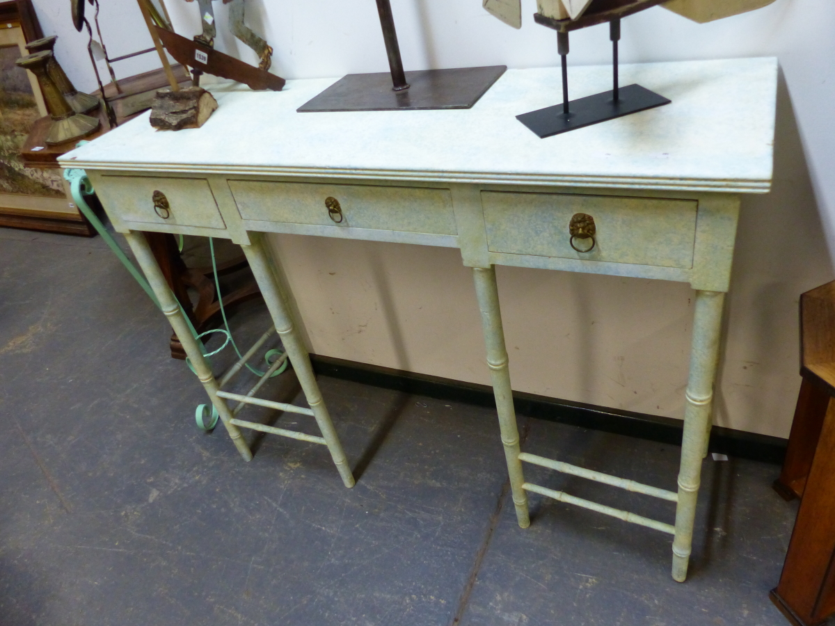 A SPONGED BLUE ON CREAM CONSOLE TABLE, THE RECTANGULAR TOP ON SIMULATED BAMBOO TAPERING