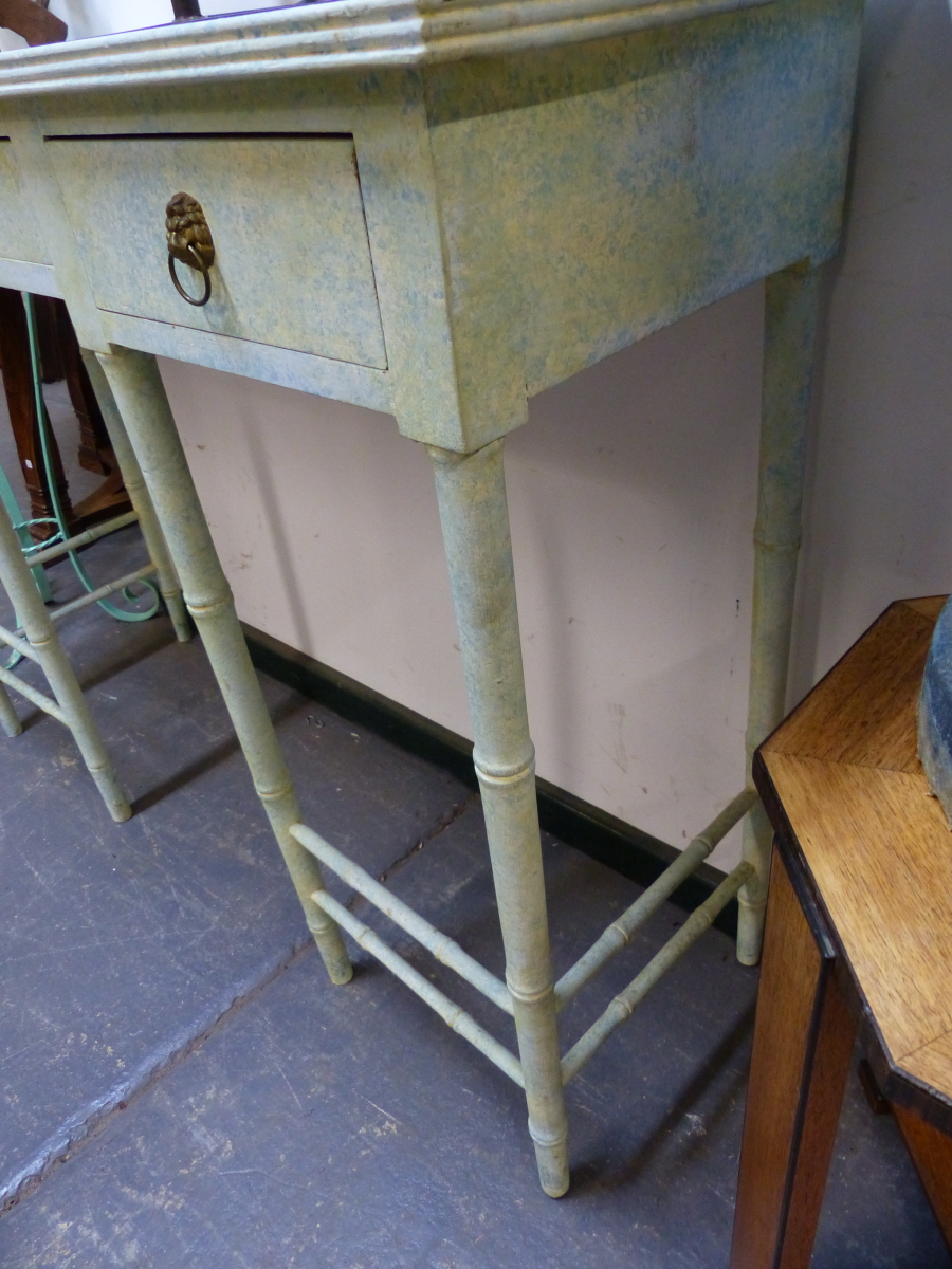 A SPONGED BLUE ON CREAM CONSOLE TABLE, THE RECTANGULAR TOP ON SIMULATED BAMBOO TAPERING - Image 3 of 4