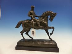 AFTER JOSEPH VICTOR CHEMIN (1825-1901), A BRONZE FIGURE OF A STALLION WITH A JOCKEY WALKING ACROSS A