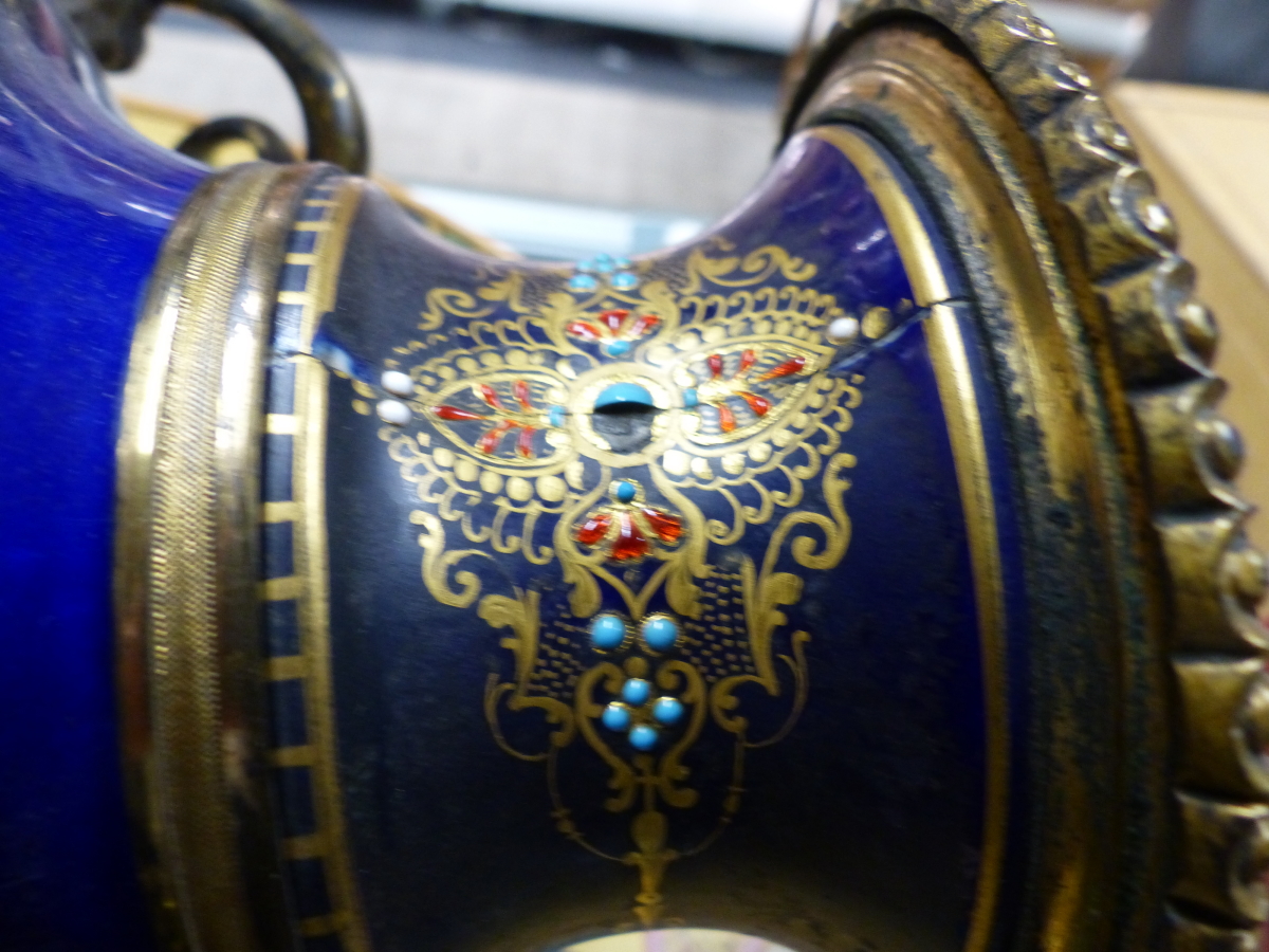 A SEVRES STYLE JEWELLED BLUE GROUND BALUSTER VASE AND COVER PAINTED WITH A ROUNDEL OF A GENTLEMAN - Image 19 of 24