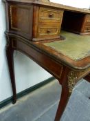 A FRENCH PARQUETRY WRITING TABLE, MARBLE TOP OVER PAIRS OF DRAWERS AND RECESSED BEHIND THE LEATHER