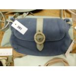A RADLEY GREY BLUE UNPOLISHED LEATHER SHOULDER BAG WITH CORD AND GREY GREEN LEATHER STRAP AND BUCKLE