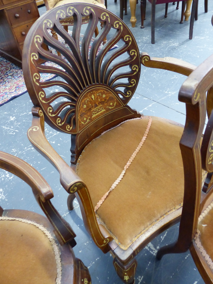 A SEVEN PIECE EDWARDIAN SUITE OF MAHOGANY SEAT FURNITURE, EACH WITH MARQUETRY ANTHEMION CRESCENT - Image 8 of 8