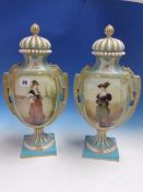 A PAIR OF DERBY TURQUOISE GROUND VASES AND COVERS, EACH PAINTED BY