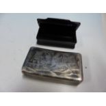 A SNUFF BOX OF CURVED RECTANGULAR FORM DECORATED IN NIELLO WITH STAG HUNTING SCENES. W 7.5cms.
