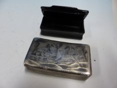 A SNUFF BOX OF CURVED RECTANGULAR FORM DECORATED IN NIELLO WITH STAG HUNTING SCENES. W 7.5cms.