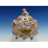 A PASSAU COVERED PORCELAIN BOWL PAINTED WITH BLUE ROCOCO FRAMED RESERVES OF A WATER MILL AND OF A