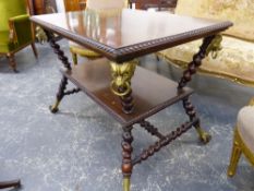 AN UNUSUAL 19th.C.MAHOGANY CENTRE TABLE WITH UNDERTIER, ANGLED BARLEY TWIST SUPPORTS MOUNTED WITH