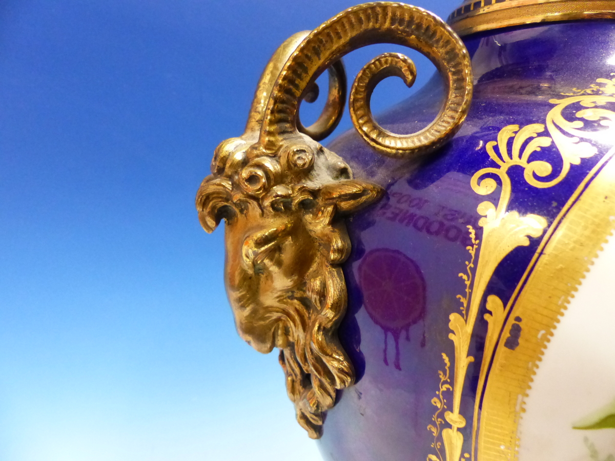 A SEVRES STYLE JEWELLED BLUE GROUND BALUSTER VASE AND COVER PAINTED WITH A ROUNDEL OF A GENTLEMAN - Image 7 of 24