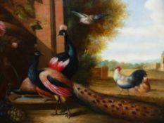 CONTINENTAL SCHOOL AFTER THE OLD MASTERS. PEACOCKS IN PARKLAND, OIL ON BOARD. 50 x 60cms.