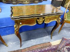 A MID 19th.C.FRENCH BOULLE WORK CARD TABLE WITH SWEPT CABRIOLE LEGS AND ORMOLU MOUNTS. W.90cms.