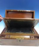 A VICTORIAN MAHOGANY WRITING BOX WITH RECESSED BRASS MOUNTS.