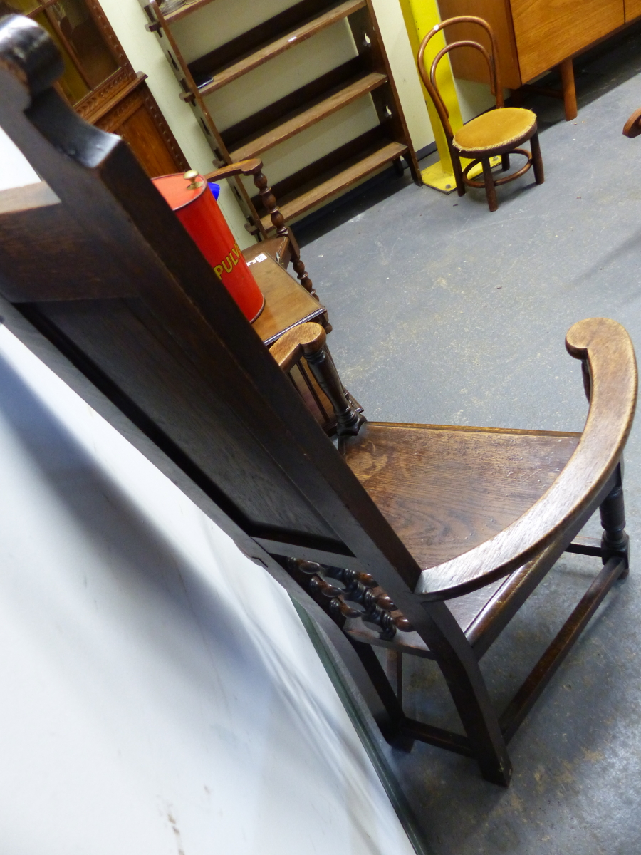 AN ARTS AND CRAFTS SHAKESPEARE STAINED OAK ARMCHAIR, IN THE MANNER OF E.W.GODWIN, THE HIGH BACK WITH - Image 5 of 6