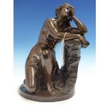 AIME MILLETT. 1819-1891. A BRONZE OF THE DISCONSOLATE ARIADNE SEATED BY A TREE STUMP. H.30cms.