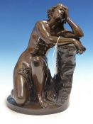 AIME MILLETT. 1819-1891. A BRONZE OF THE DISCONSOLATE ARIADNE SEATED BY A TREE STUMP. H.30cms.