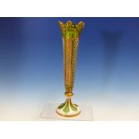 A BOHEMIAN WHITE OVERLAY GREEN GLASS VASE, THE GILT PANELS ALTERNATING WITH DIAMOND DIAPER CUT ONES.