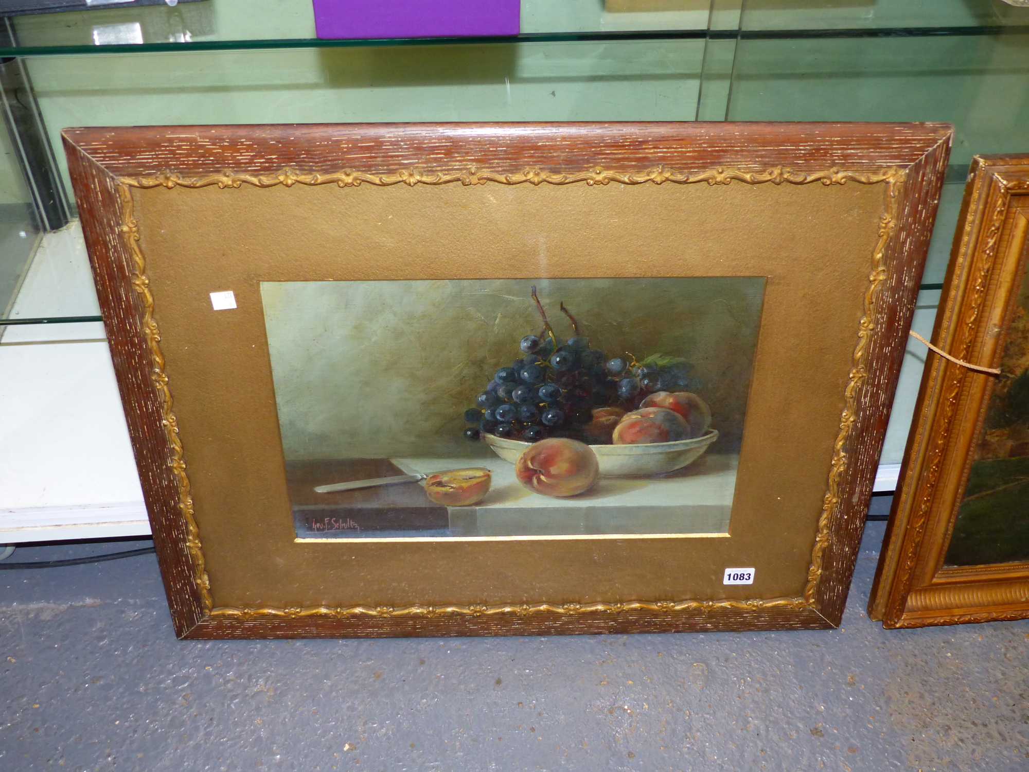 GEORGE F.SCHULTZ. 19th/20th.C. A TABLE TOP STILL LIFE OF FRUIT, SIGNED OIL ON CANVAS, LAID DOWN. - Image 3 of 4