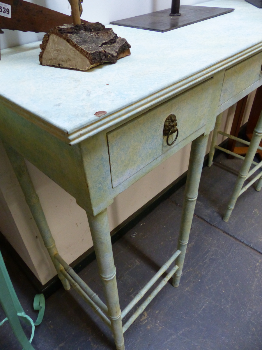 A SPONGED BLUE ON CREAM CONSOLE TABLE, THE RECTANGULAR TOP ON SIMULATED BAMBOO TAPERING - Image 4 of 4