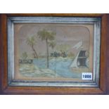 A 19th.C.SILKWORK PICTURE OF A COLONIAL PORT IN MAPLE FRAME. 16.5 x 22cms TOGETHER WITH A