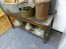 A VINTAGE WORK BENCH OR POTTING TABLE WITH SLATTED UNDERTIER ON SQUARE LEGS. 121 x 58 x H.66cms.