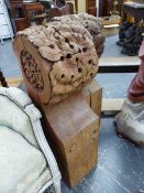 A SET OF FOUR LARGE 19TH CENTURY PINE BRACKETS WITH LEAF CARVED SCROLL TOPS ON SQUARE SECTIONED