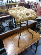 TWO LATE VICTORIAN IRON AND BRASS MUSIC STOOLS BOTH WITH BUTTON UPHOLSTERED SEATS, BRASS RAIL BACKS,