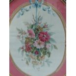 AN ANTIQUE OVAL AUBUSSON TAPESTRY PANEL OF A HANGING FLORAL BOUQUET IN GILT FRAME. 95 x 76cms.