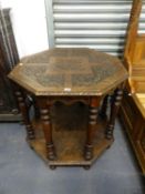 A VICTORIAN CARVED OAK OCTAGONAL TWO TIER TABLE ON EIGHT TURNED SUPPORTS. 76 x 76 x H.76cms.