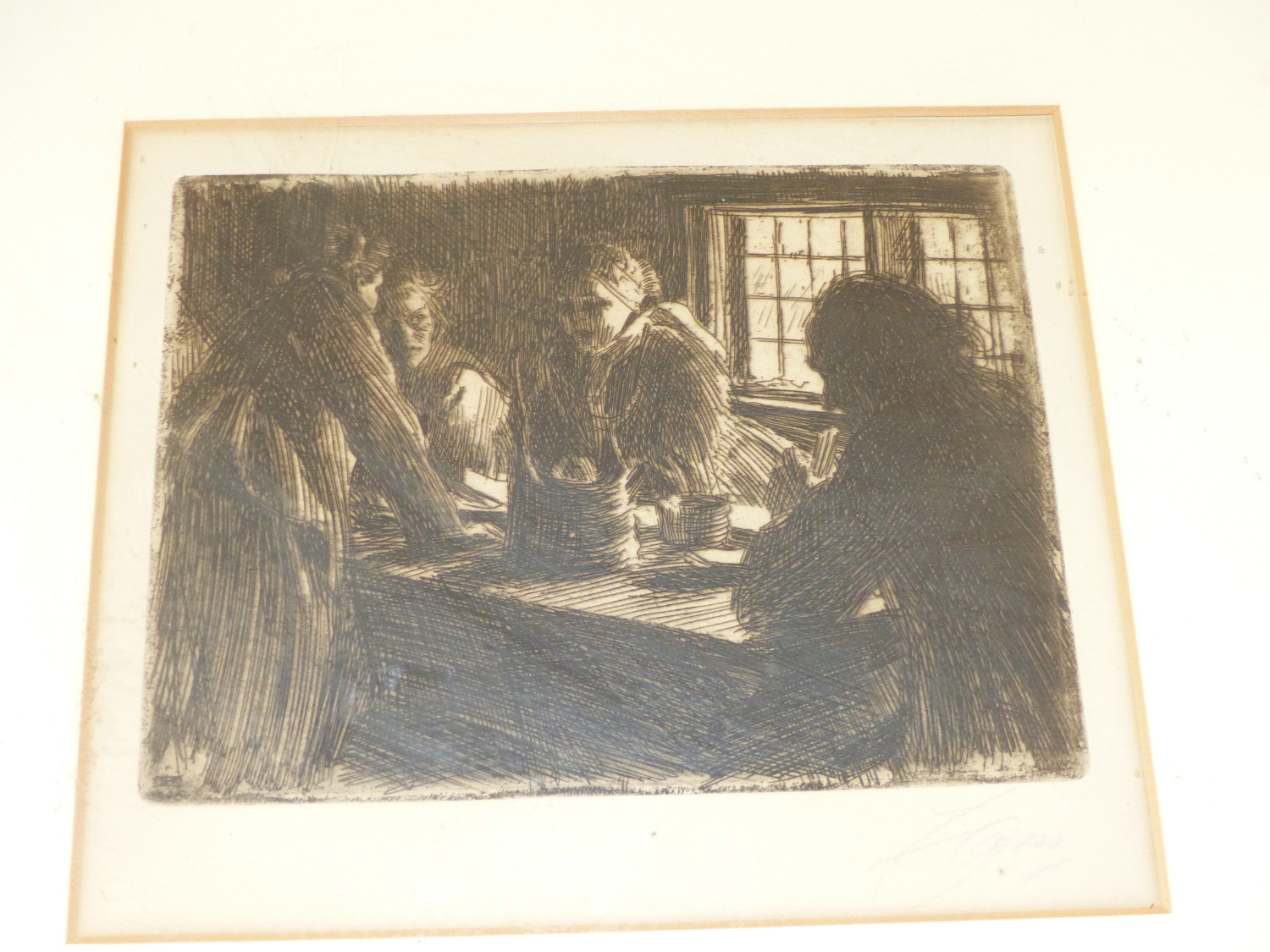 ANDERS ZORN. (1860-1920) AN INTERIOR SCENE, PENCIL SIGNED ETCHING WITH GALLERY LABEL VERSO. 11.5 x